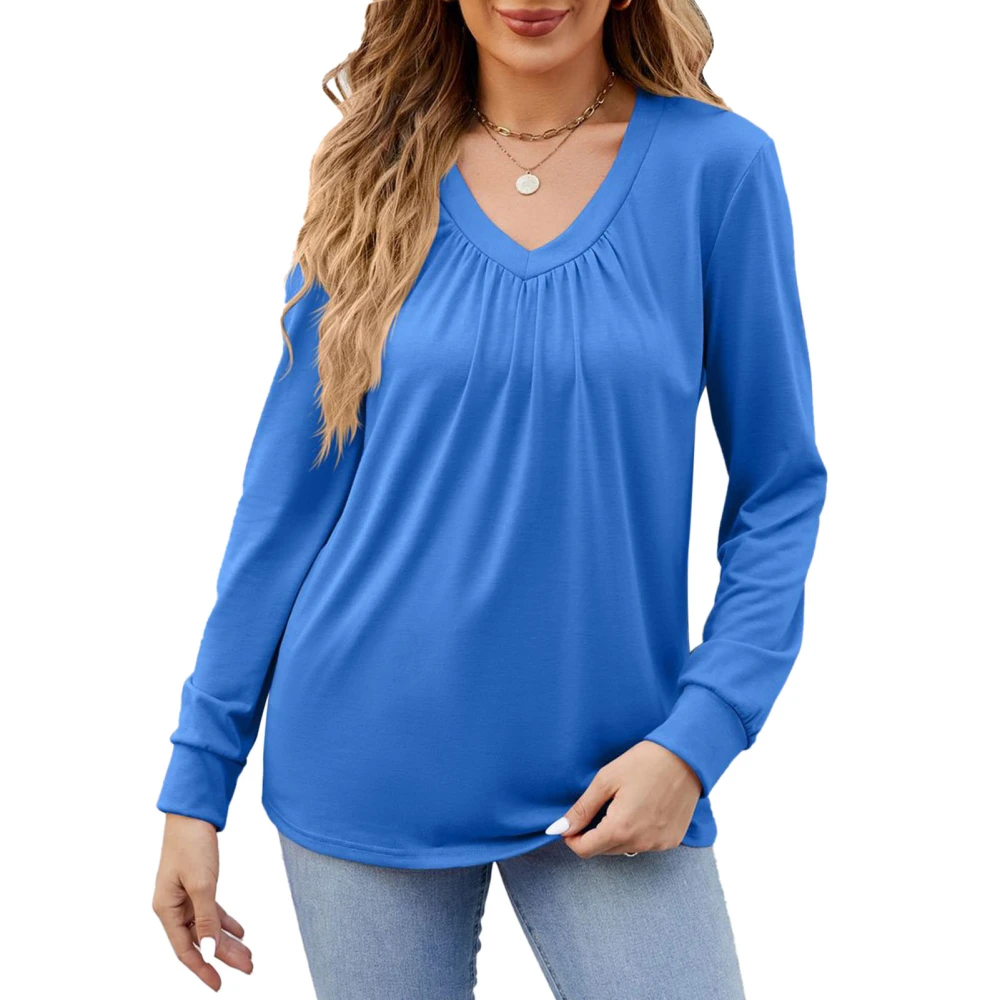 Women Pleated Blouse Long Sleeve V Neckline Plain Color Casual Fitted Pleated Blouse Blue M