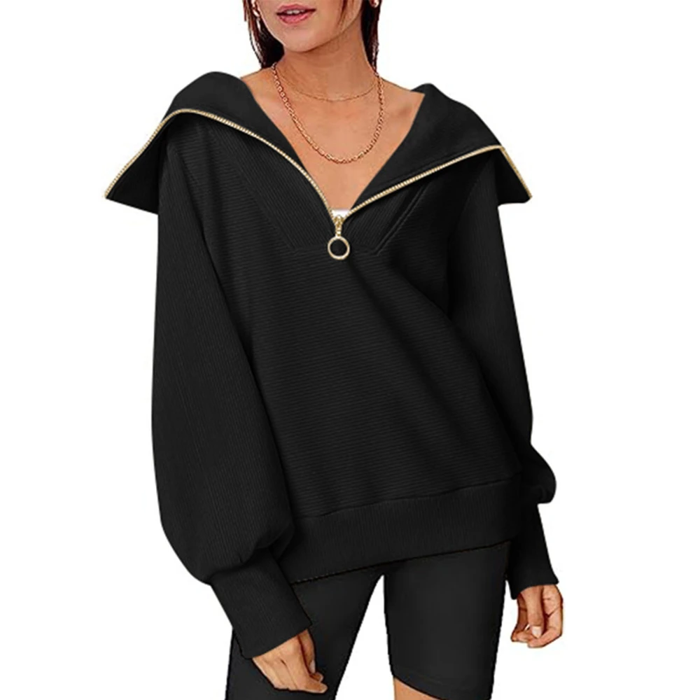 Women Half Zip Pullover Blouses Turn Down Collar Long Sleeve Top Half Zip Up Pure Color Fashionable Blouses Black XL