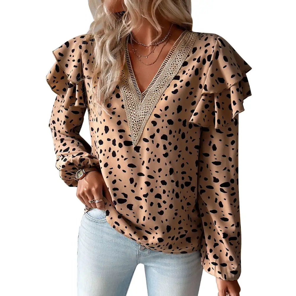 Long Sleeve Lace V Neck Top Women Fashionable Elegant Loose Casual Ruffle Print Shirt Blouse for Party Khaki S