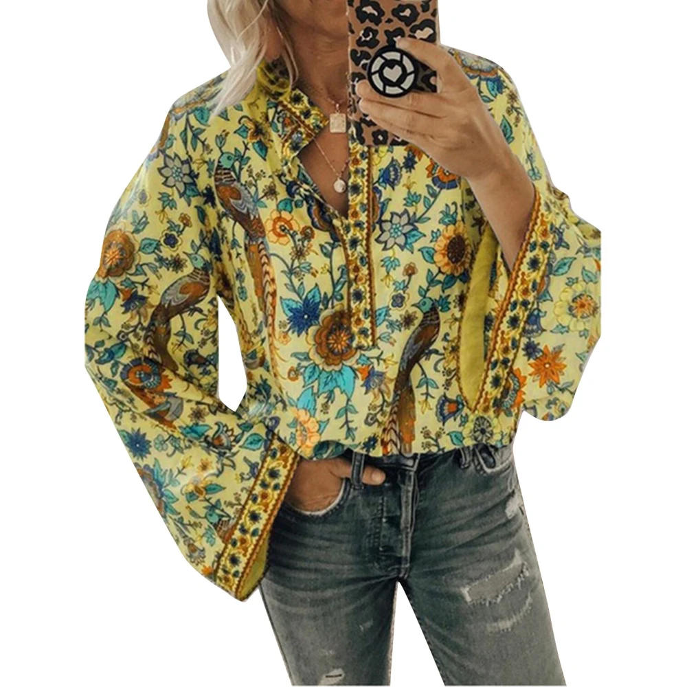 Women Long Sleeve Top Flower Prints V Neck Loose Button Down Soft Skin Friendly Women Tunic Top for Party Office Outing Yellow XL