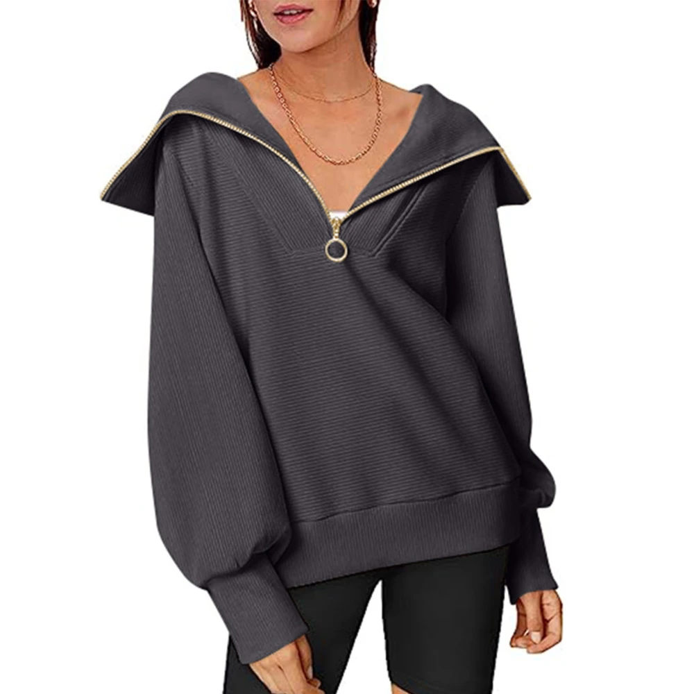 Women Half Zip Pullover Blouses Turn Down Collar Long Sleeve Top Half Zip Up Pure Color Fashionable Blouses Dark Gray M