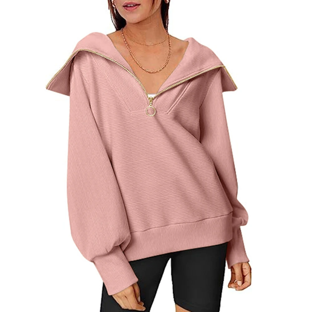 Women Half Zip Pullover Blouses Turn Down Collar Long Sleeve Top Half Zip Up Pure Color Fashionable Blouses Pink M