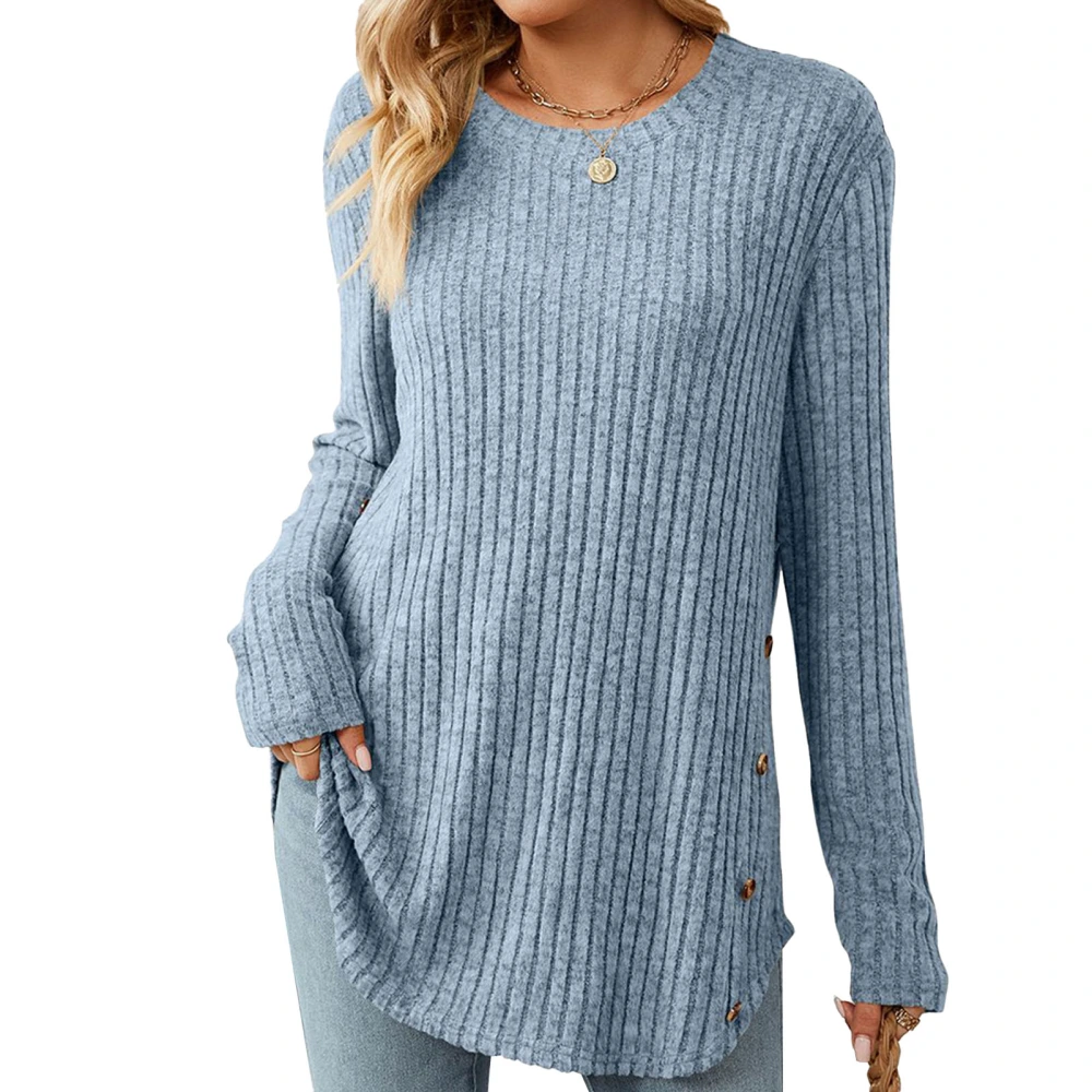 Women Round Neck T Shirt Button Trim Irregular Hem Casual Long Sleeves Blouses for Autumn Blue L