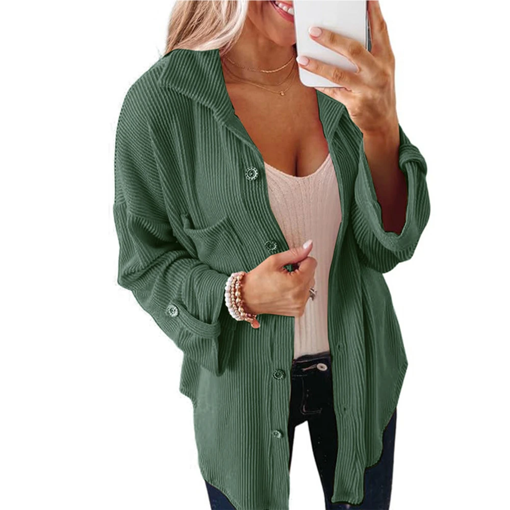 Women Solid Color Button Top Casual Loose Pure Color Long Sleeves Jacket with Pocket for Autumn Winter Green L