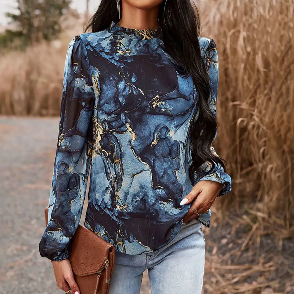 Women Fashion Printed Blouse Round Neck Back Tie Long Sleeve Blouse Casual Print Shirt Blue S