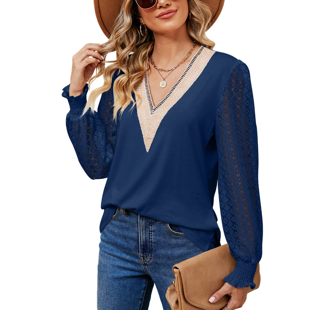 V Neck Lace Stitching Blouse Shirred Long Sleeve Loose Blouse Casual Base Shirt for Women Blue M