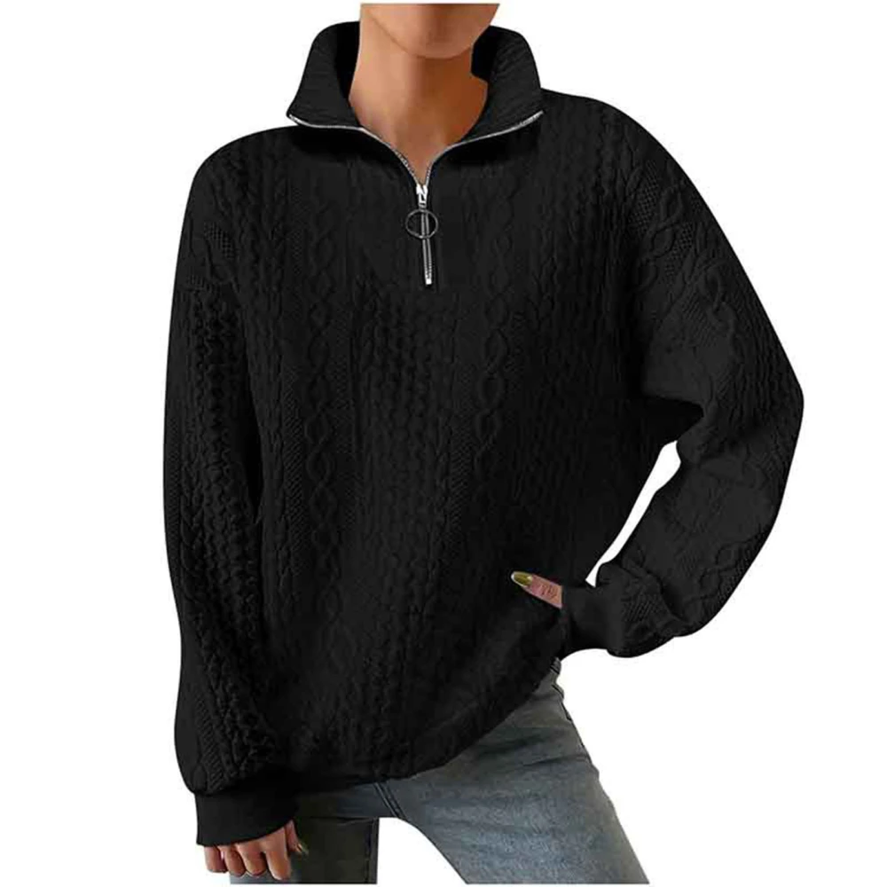 Women Jacket Long Sleeves Pullover Knitting Texture Half Zipper Casual Top for Autumn and Winter Black L