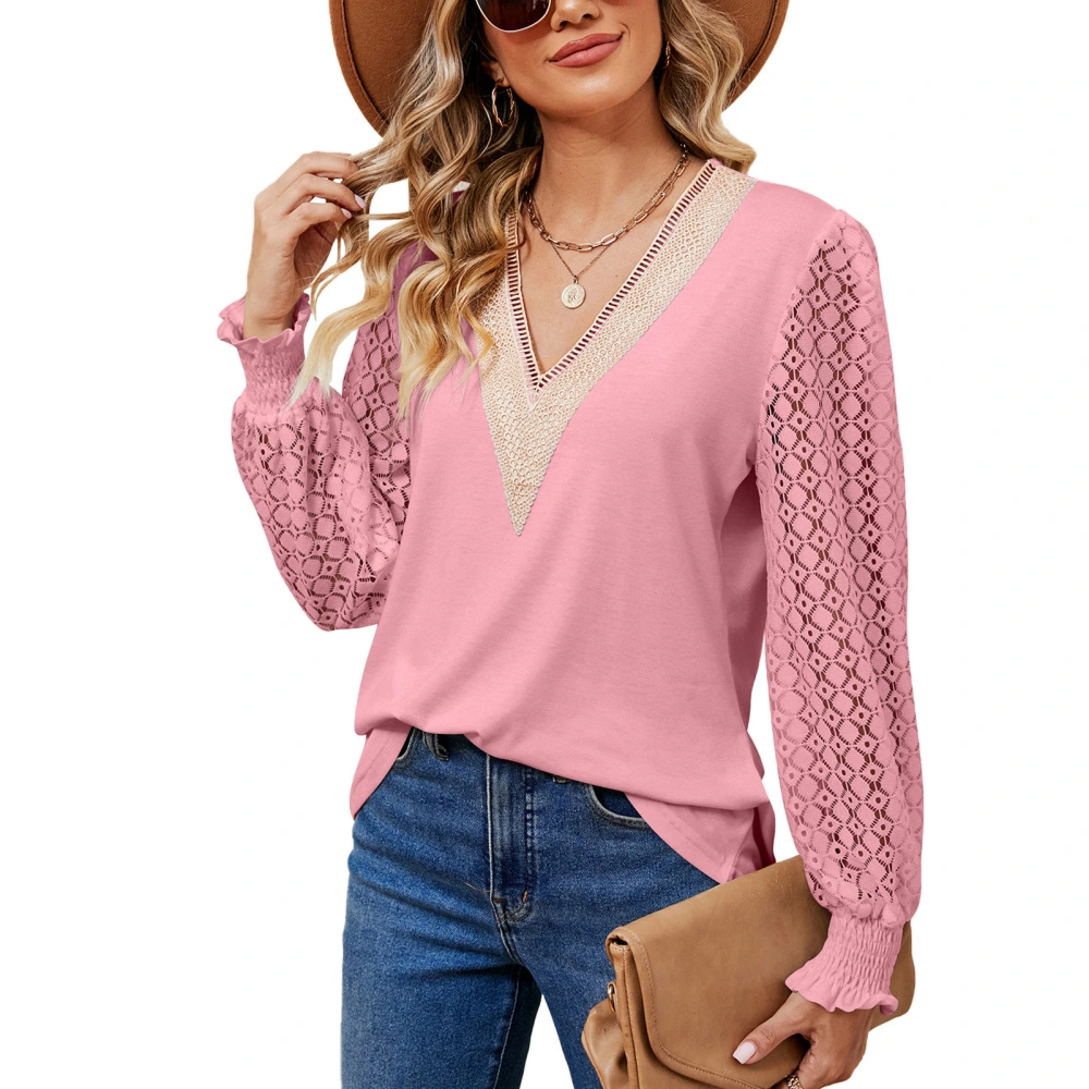 V Neck Lace Stitching Blouse Shirred Long Sleeve Loose Blouse Casual Base Shirt for Women Pink M