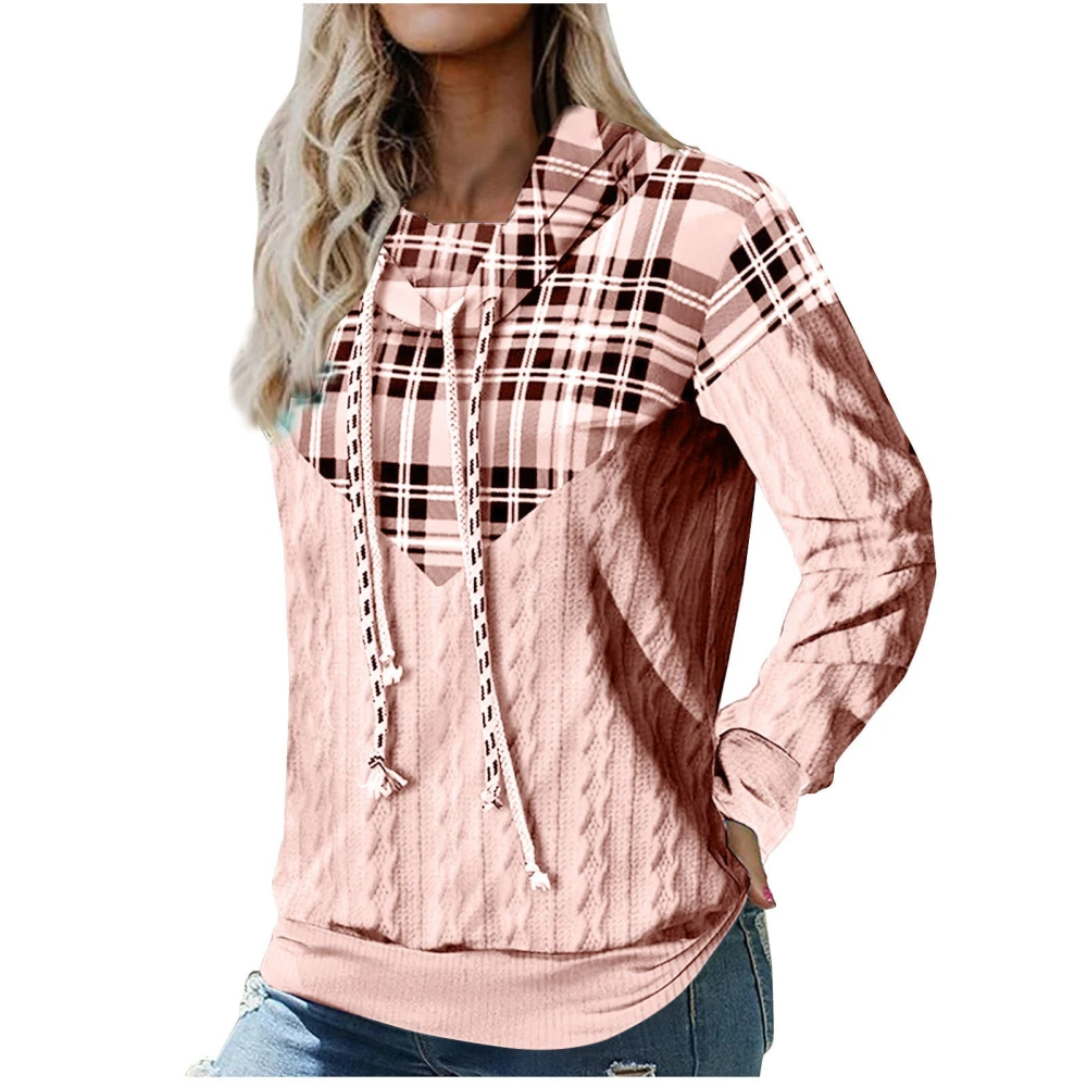 Women Long Sleeved Top Plaid Patchwork Soft Skin Friendly Breathable Stylish Long Sleeve Blouse for Dating Home Pink XXL