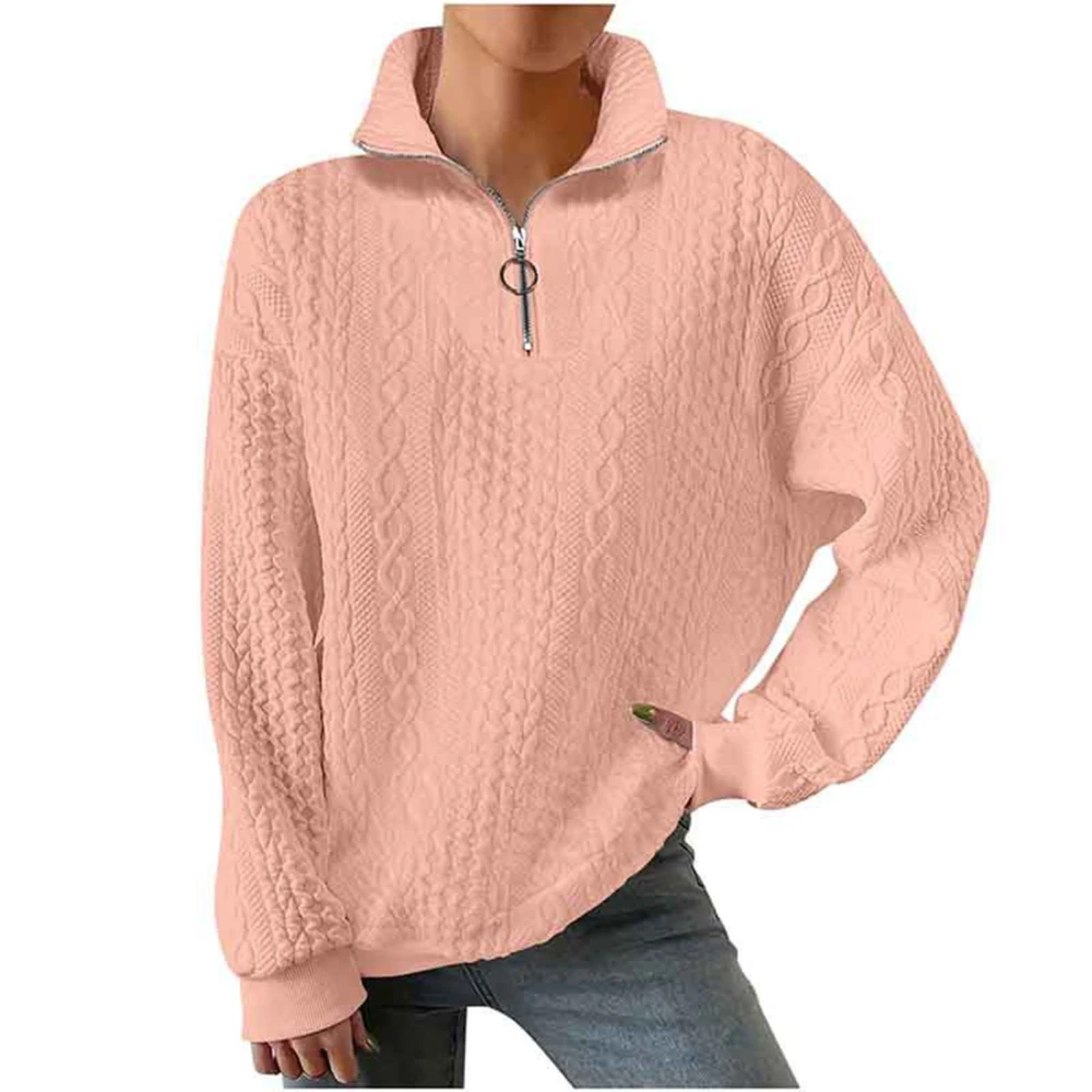 Women Jacket Long Sleeves Pullover Knitting Texture Half Zipper Casual Top for Autumn and Winter Orange Red XXL