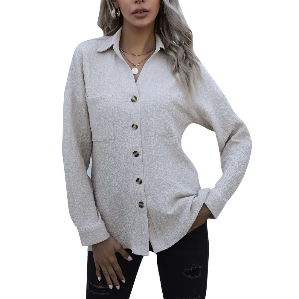 Women Turn Down Collar Shirt Long Sleeve Plain Color Female Button Up Shirt for Daily Life Apricot S