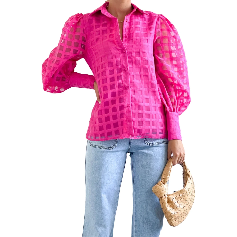 Women Plaid Shirt Sheer Lantern Long Sleeve Turn Down Collar Button Up Pure Color Blouse Rose Red XL