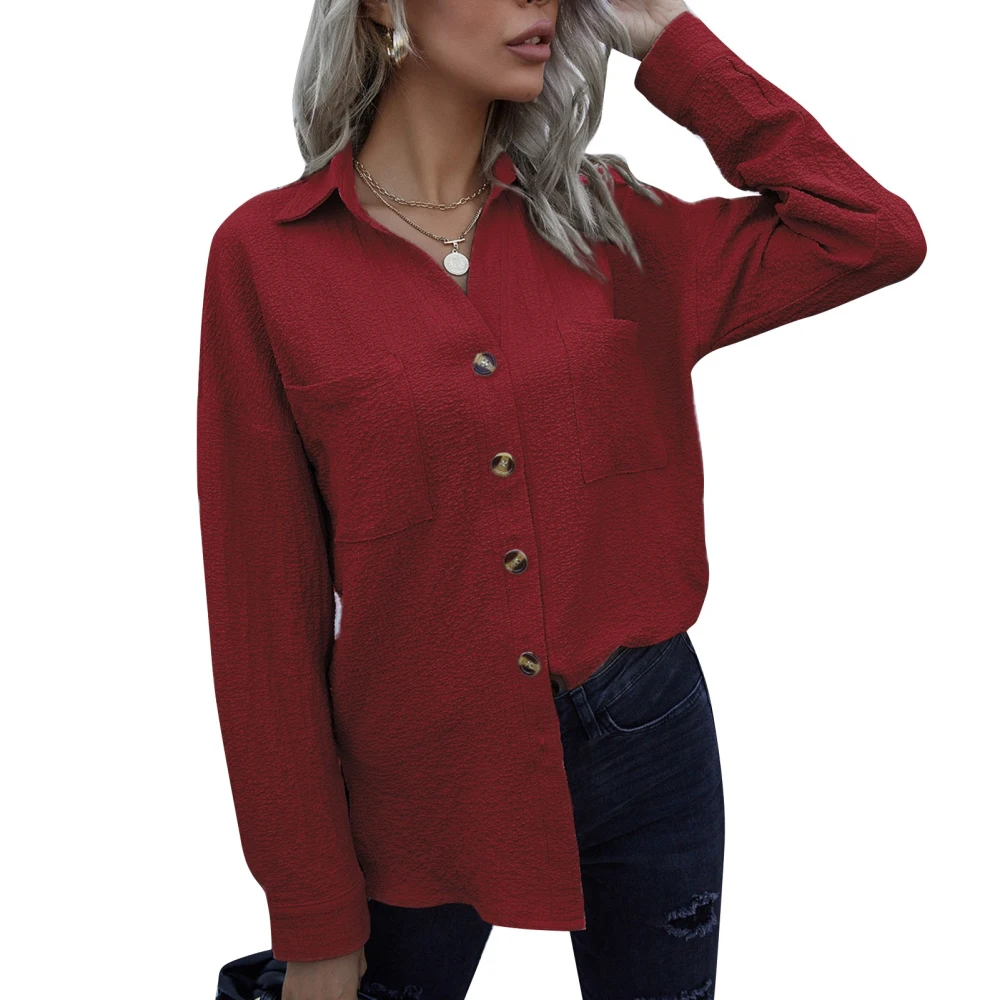 Women Turn Down Collar Shirt Long Sleeve Plain Color Female Button Up Shirt for Daily Life Burgundy L