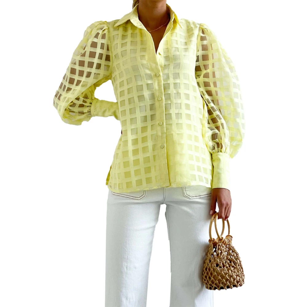 Women Plaid Shirt Sheer Lantern Long Sleeve Turn Down Collar Button Up Pure Color Blouse Light Yellow L