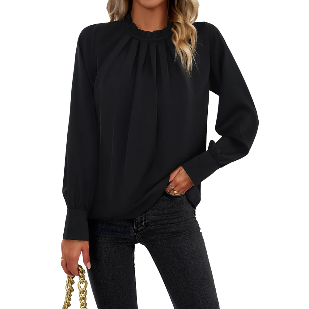 Long Sleeve Crewneck Frill Trim Top Women Casual Stylish Plain Color Pleated Shirt Blouse for Office Work Black XL