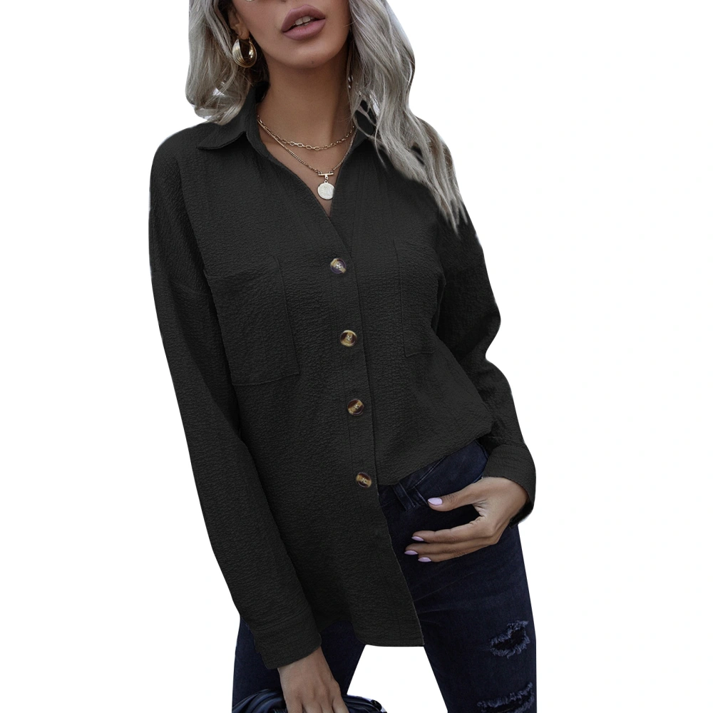 Women Turn Down Collar Shirt Long Sleeve Plain Color Female Button Up Shirt for Daily Life Black XL