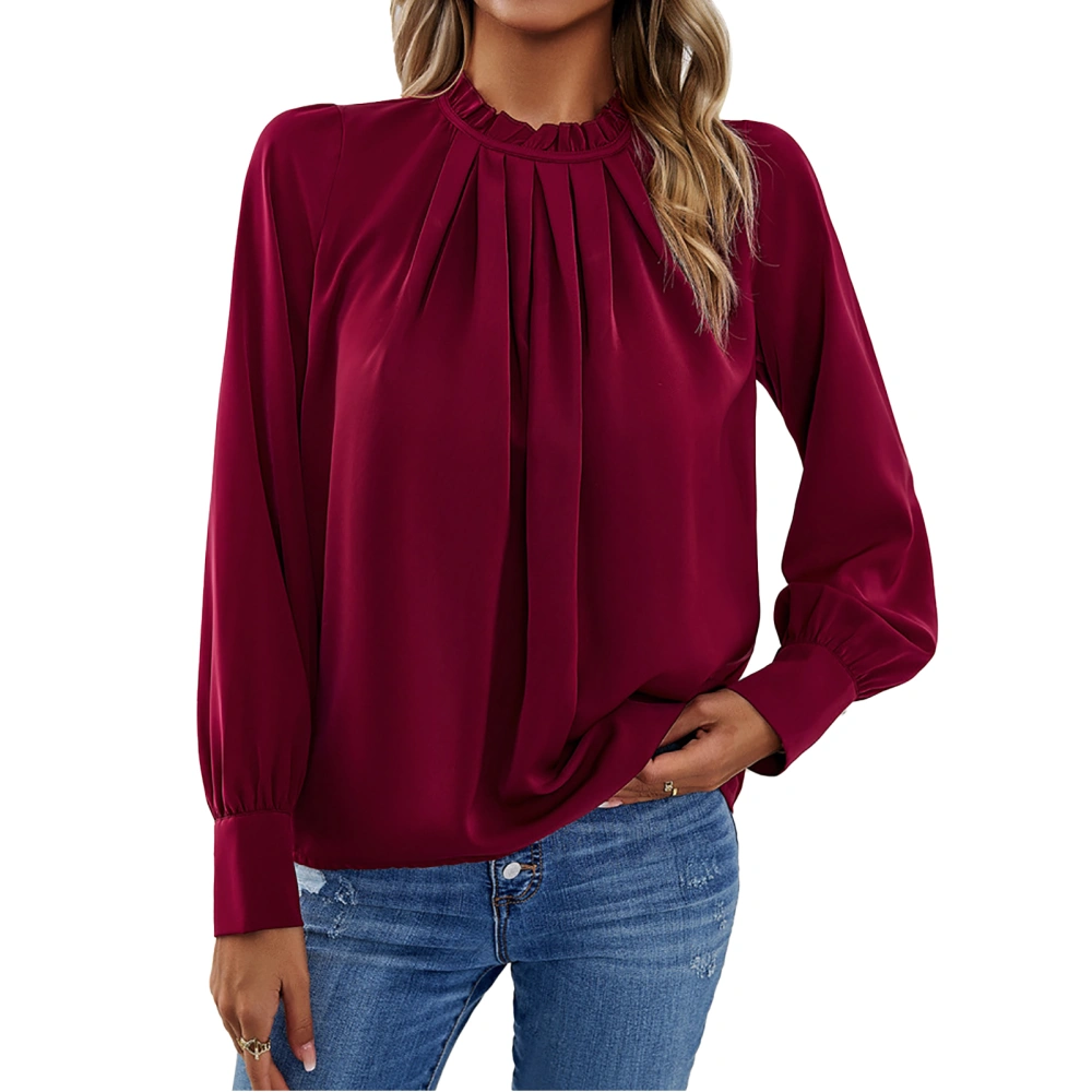 Long Sleeve Crewneck Frill Trim Top Women Casual Stylish Plain Color Pleated Shirt Blouse for Office Work Burgundy L