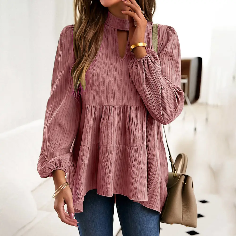 Women Lantern Long Sleeve Blouse Ruffle Hem Cut Out Breathable Cozy Pullover Top for Female Dusty Pink XL