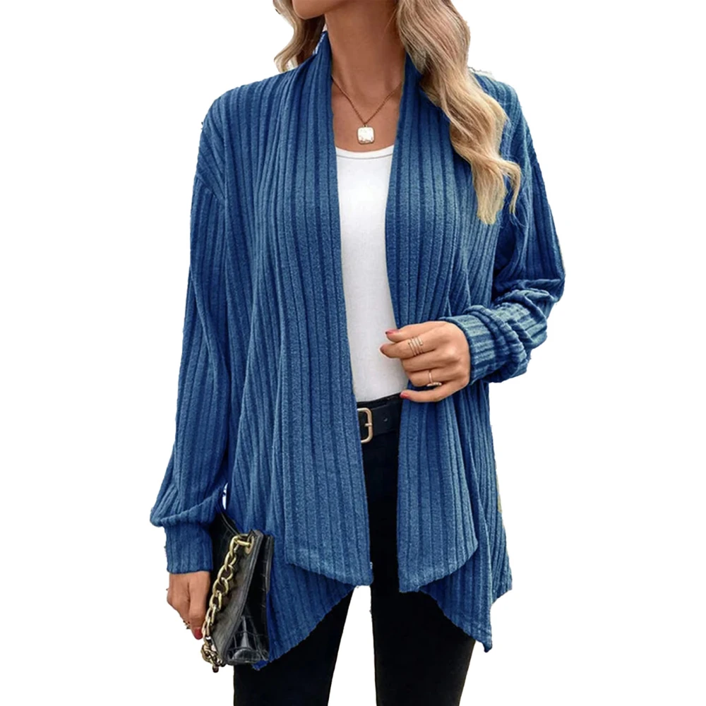 Women Knitted Open Front Coat Long Sleeves Loose Fitting Casual Sweater Jacket for Autumn Blue L