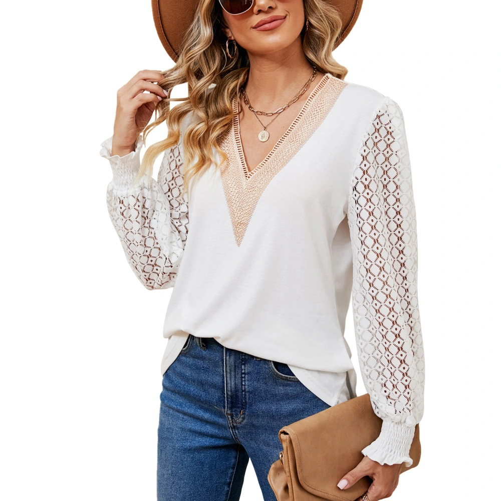 V Neck Lace Stitching Blouse Shirred Long Sleeve Loose Blouse Casual Base Shirt for Women White M