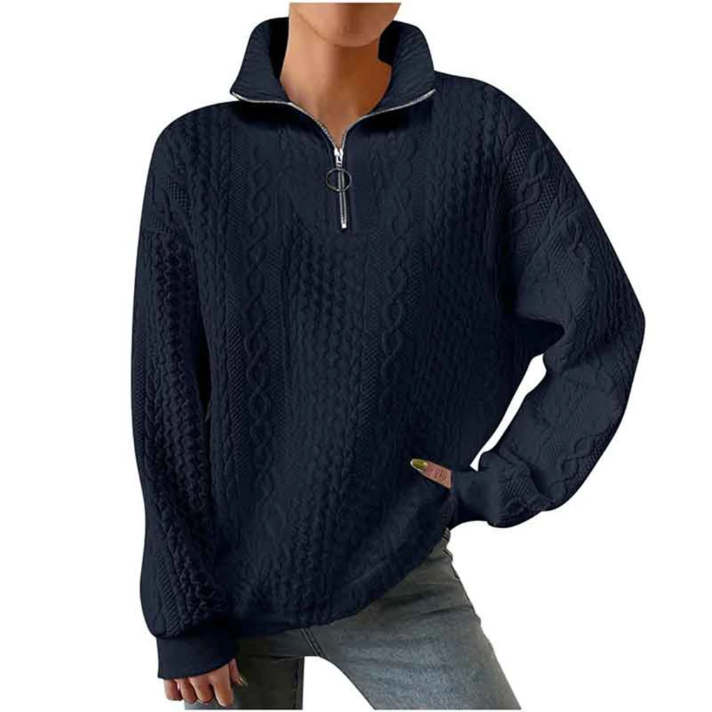 Women Jacket Long Sleeves Pullover Knitting Texture Half Zipper Casual Top for Autumn and Winter Sapphire Blue S