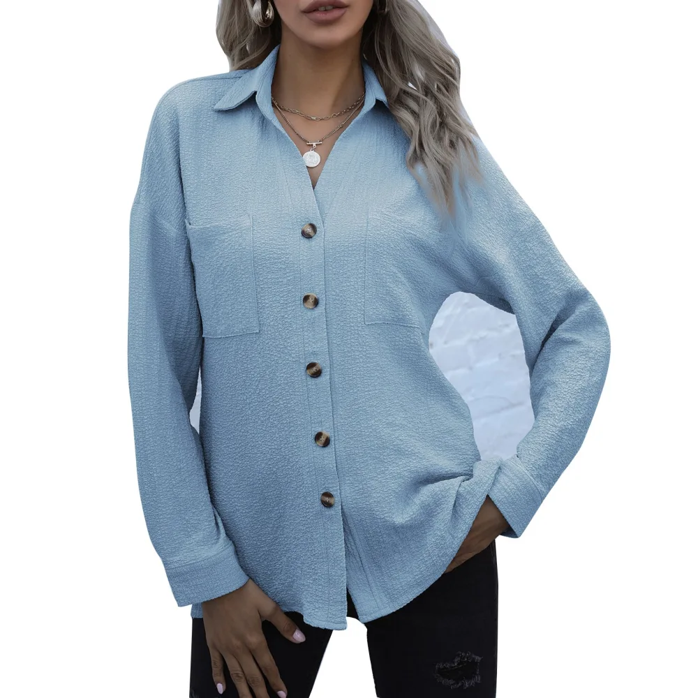 Women Turn Down Collar Shirt Long Sleeve Plain Color Female Button Up Shirt for Daily Life Sky Blue L