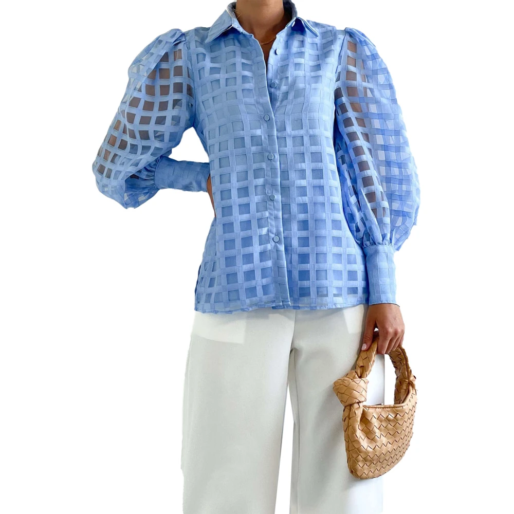 Women Plaid Shirt Sheer Lantern Long Sleeve Turn Down Collar Button Up Pure Color Blouse Blue L