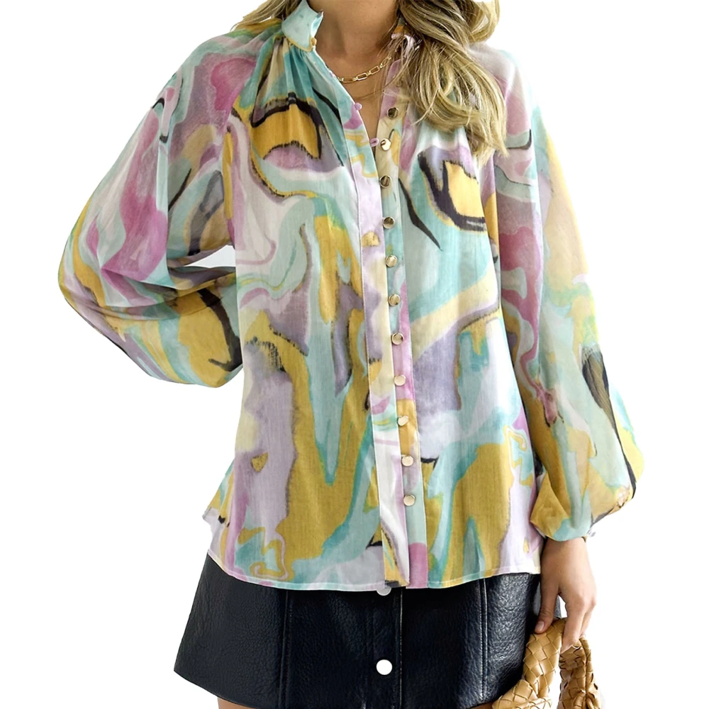 Printed Button Up Blouse Long Sleeve Fashionable Printed Tee Shirt for Women Daily Life Yellow Green S