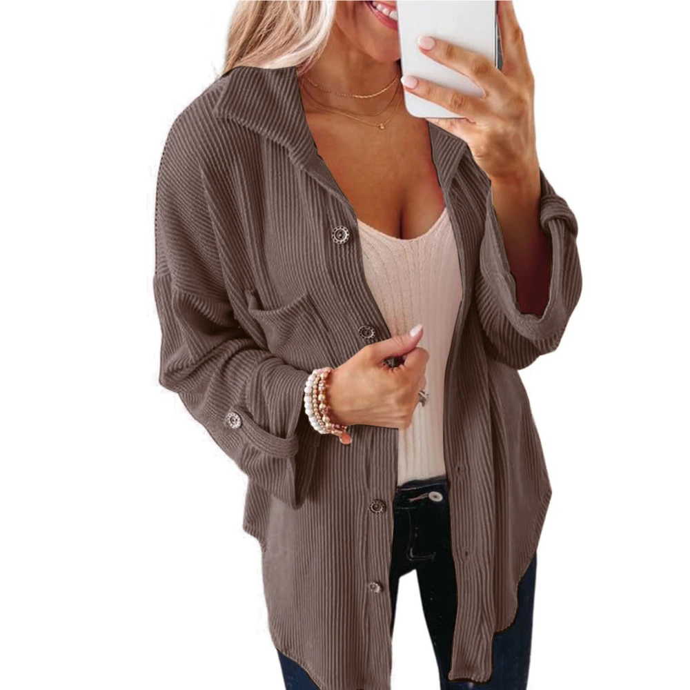 Women Solid Color Button Top Casual Loose Pure Color Long Sleeves Jacket with Pocket for Autumn Winter Brown M