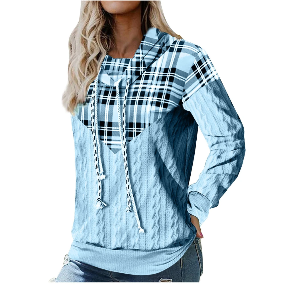 Women Long Sleeved Top Plaid Patchwork Soft Skin Friendly Breathable Stylish Long Sleeve Blouse for Dating Home Blue XL