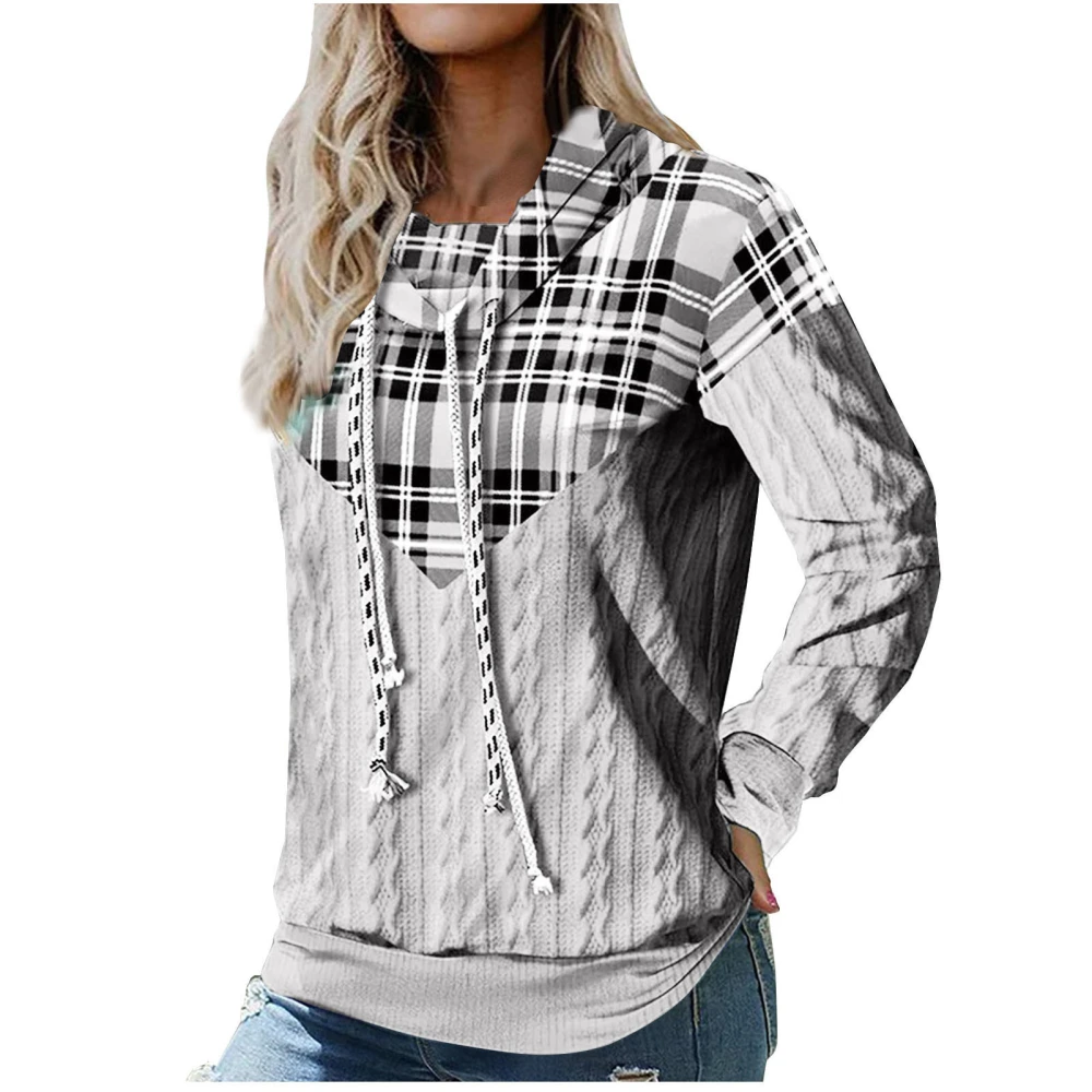 Women Long Sleeved Top Plaid Patchwork Soft Skin Friendly Breathable Stylish Long Sleeve Blouse for Dating Home Gray XL