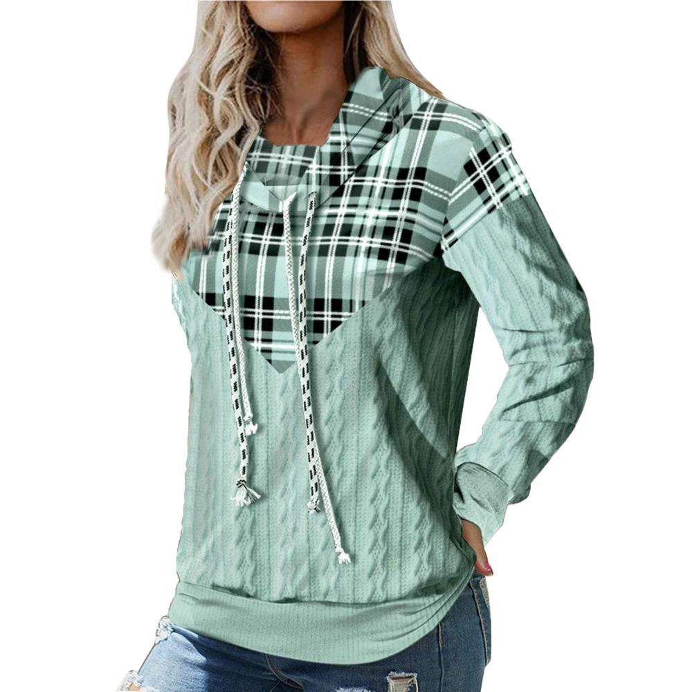 Women Long Sleeved Top Plaid Patchwork Soft Skin Friendly Breathable Stylish Long Sleeve Blouse for Dating Home Green M