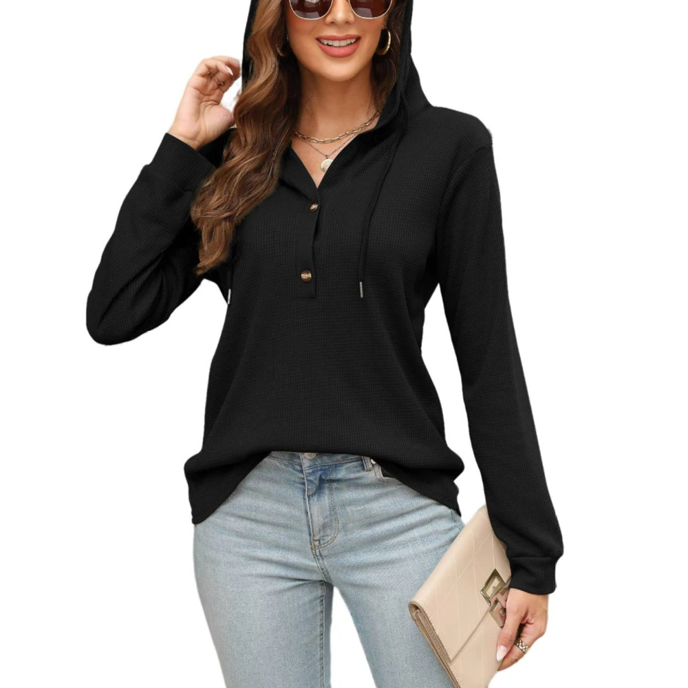 Women Hoodie Pullover Drawstring Long Sleeve Hooded Button Collar Pullover for Daily Life Black XL