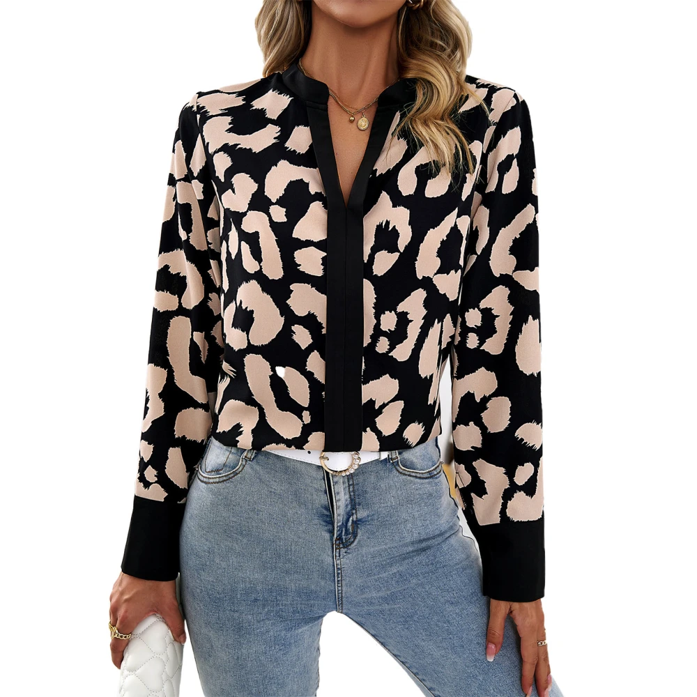 Women V Neck Long Sleeve Blouse Loose Fit Printed Fashion Casual Fall Blouse for Office Black S