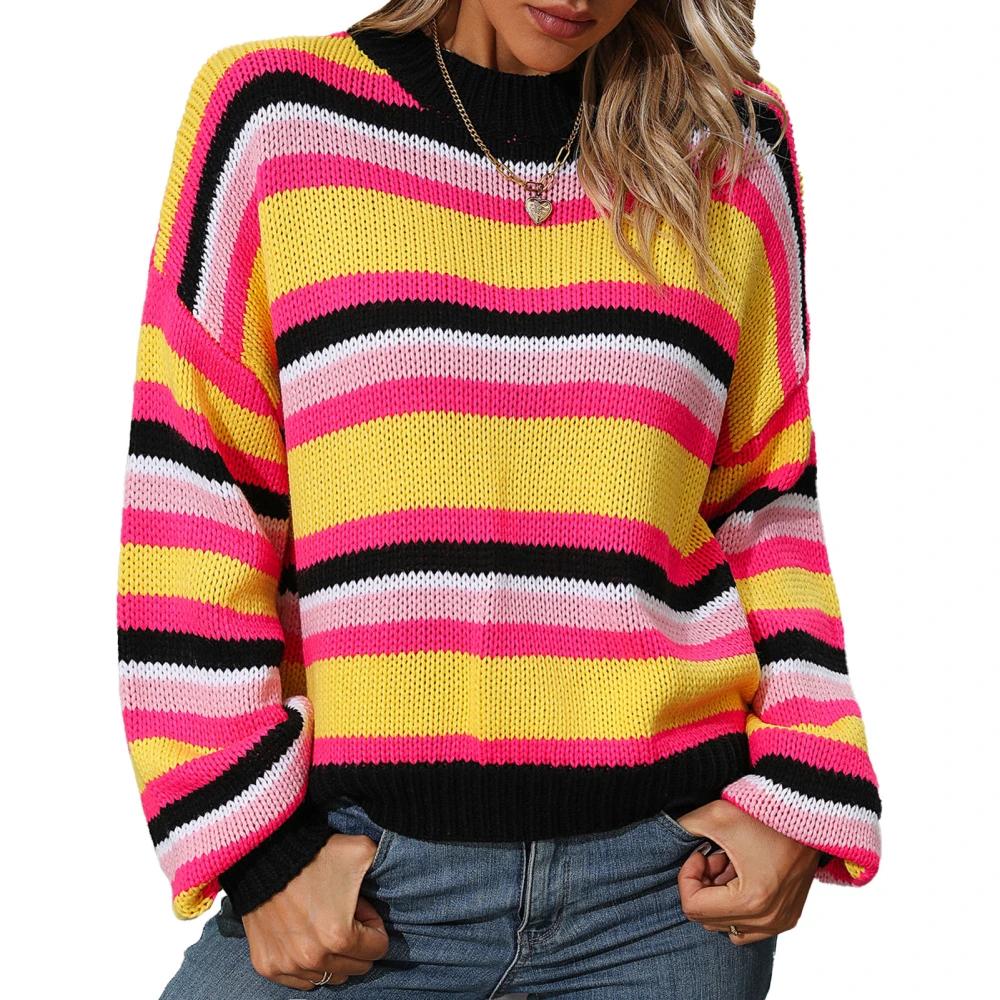 Women Striped Sweater Round Neck Color Contrast Long Sleeves Casual Loose Fit Knitted Top Yellow M