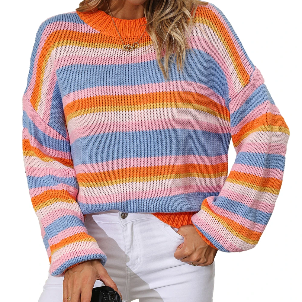 Women Striped Sweater Round Neck Color Contrast Long Sleeves Casual Loose Fit Knitted Top Orange M