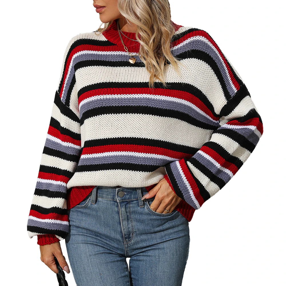 Women Striped Sweater Round Neck Color Contrast Long Sleeves Casual Loose Fit Knitted Top Red L