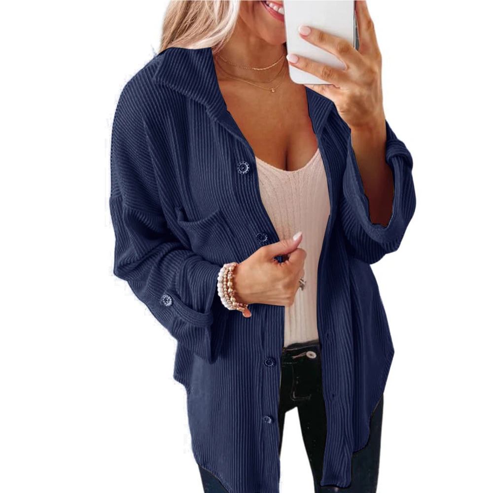 Women Solid Color Button Top Casual Loose Pure Color Long Sleeves Jacket with Pocket for Autumn Winter Blue S