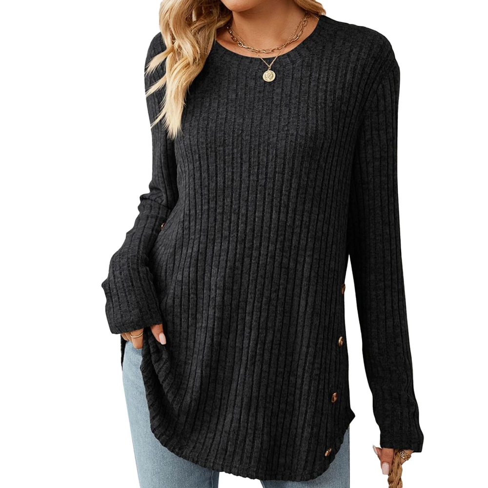 Women Round Neck T Shirt Button Trim Irregular Hem Casual Long Sleeves Blouses for Autumn Black L