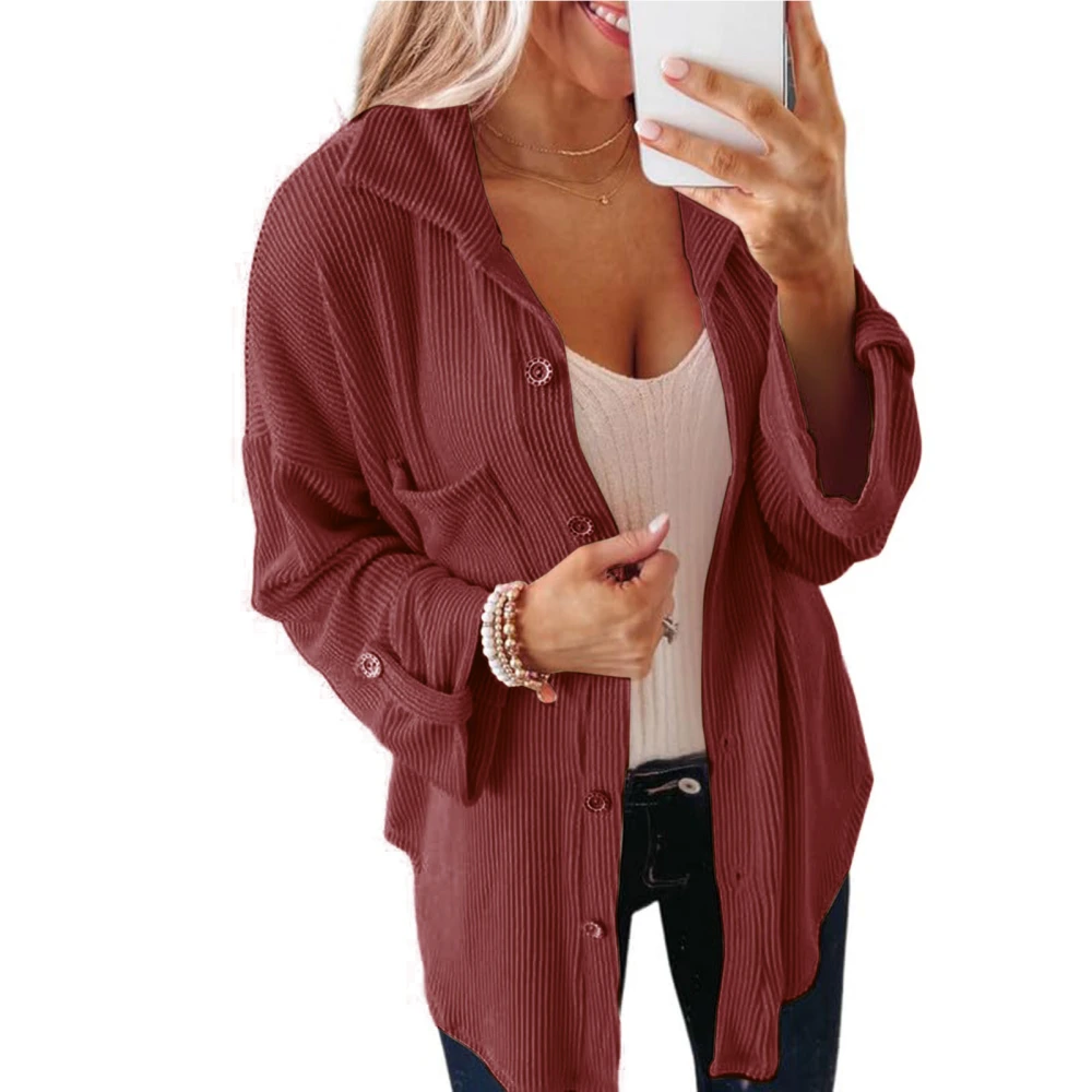 Women Solid Color Button Top Casual Loose Pure Color Long Sleeves Jacket with Pocket for Autumn Winter Wine Red M