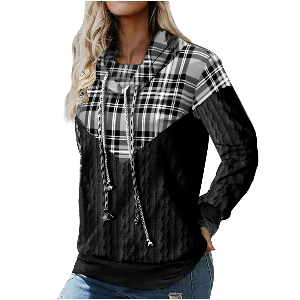 Women Long Sleeved Top Plaid Patchwork Soft Skin Friendly Breathable Stylish Long Sleeve Blouse for Dating Home Black M