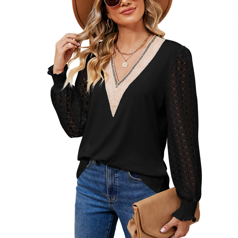 V Neck Lace Stitching Blouse Shirred Long Sleeve Loose Blouse Casual Base Shirt for Women Black XXL