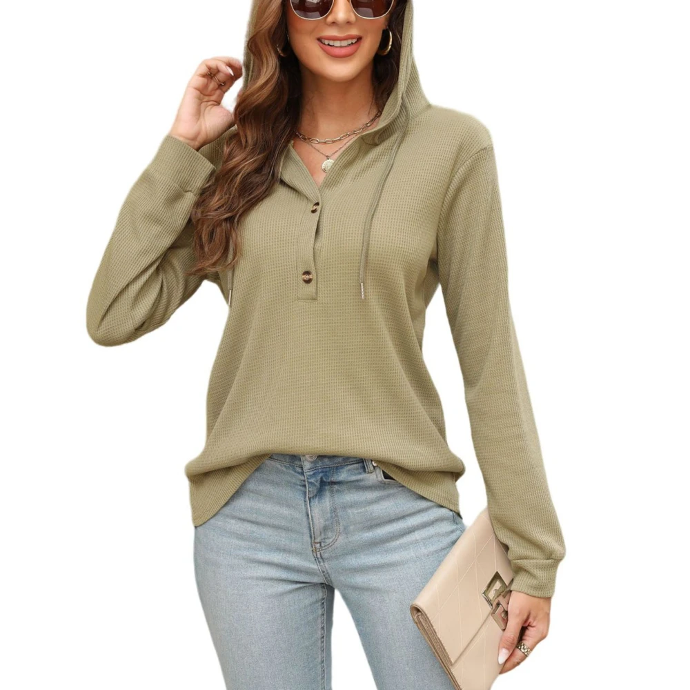 Women Hoodie Pullover Drawstring Long Sleeve Hooded Button Collar Pullover for Daily Life OD Green M