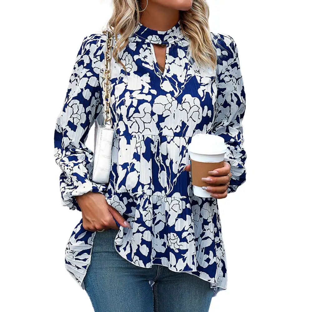 Women Long Sleeves T Shirt Floral Printing V Shaped Hollow Out Ruffle Hem Casual Blouses for Daily Wear Blue XL