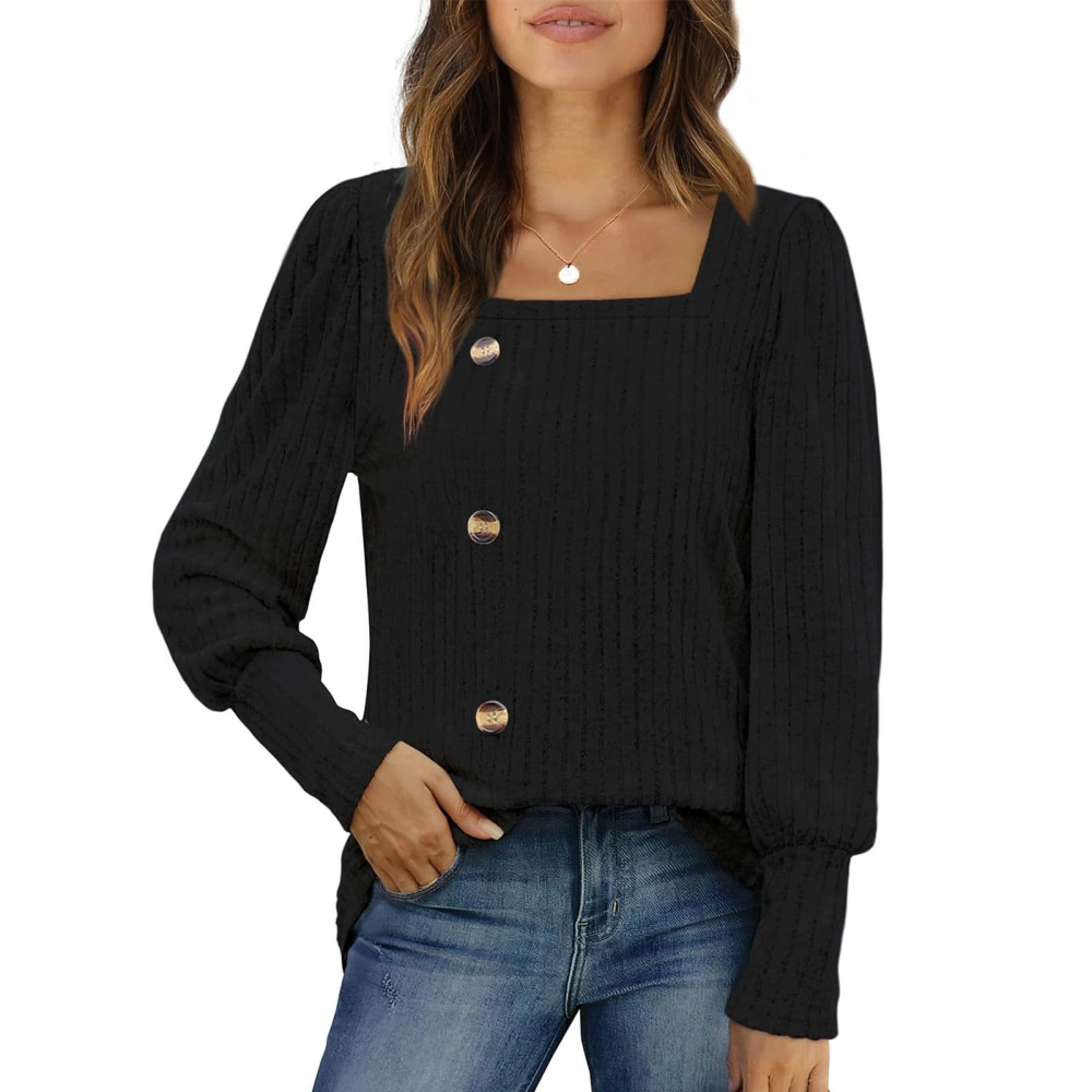 Women Long Sleeve Button Decor Top Casual Elegant Plain Color Split Hem Shirt Blouse for Office Work Black M