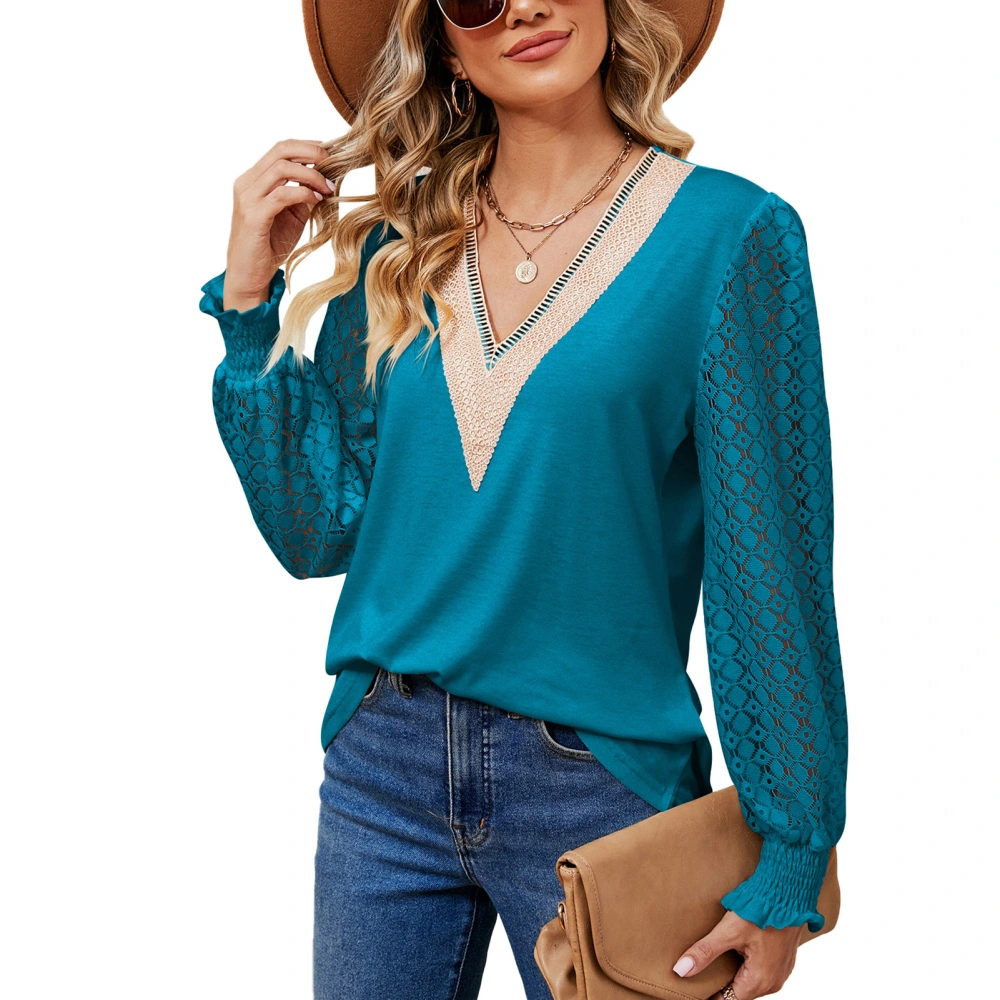 V Neck Lace Stitching Blouse Shirred Long Sleeve Loose Blouse Casual Base Shirt for Women Green XL