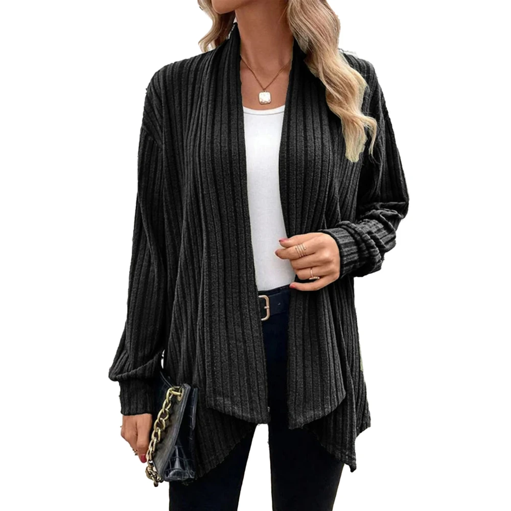 Women Knitted Open Front Coat Long Sleeves Loose Fitting Casual Sweater Jacket for Autumn Black L