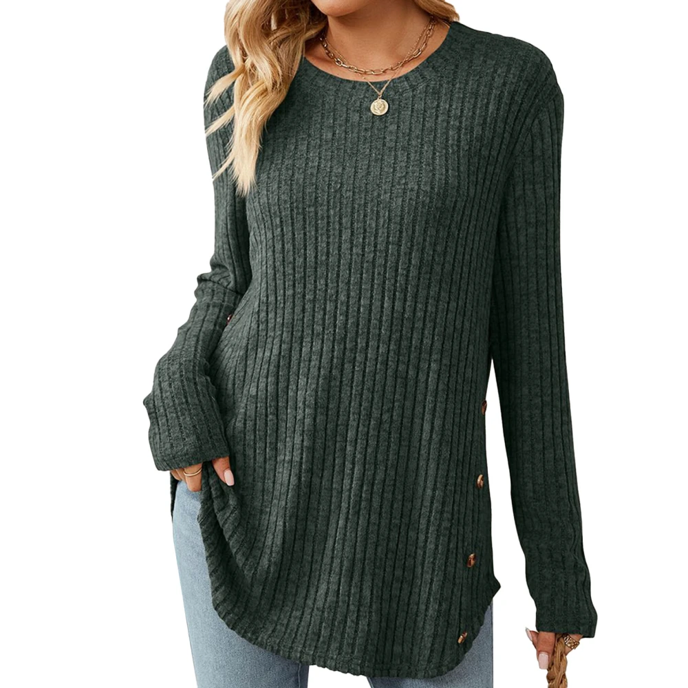 Women Round Neck T Shirt Button Trim Irregular Hem Casual Long Sleeves Blouses for Autumn Green S