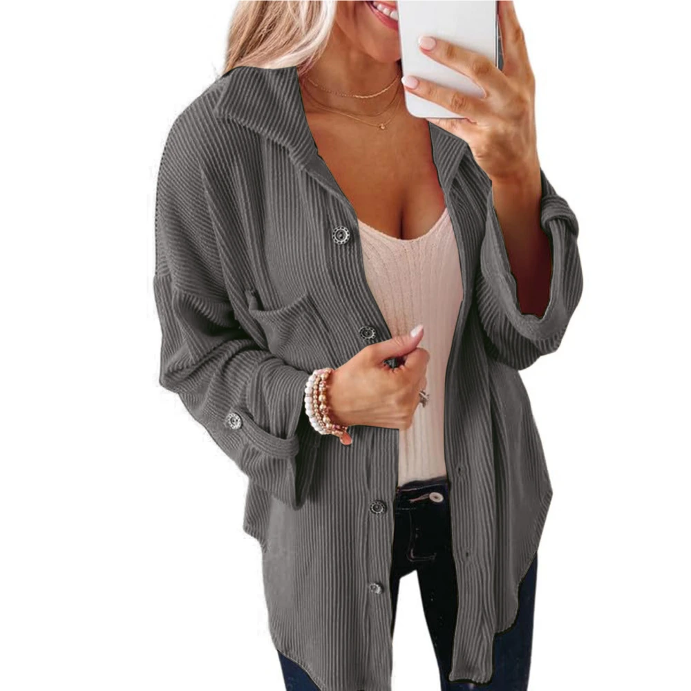 Women Solid Color Button Top Casual Loose Pure Color Long Sleeves Jacket with Pocket for Autumn Winter Grey S