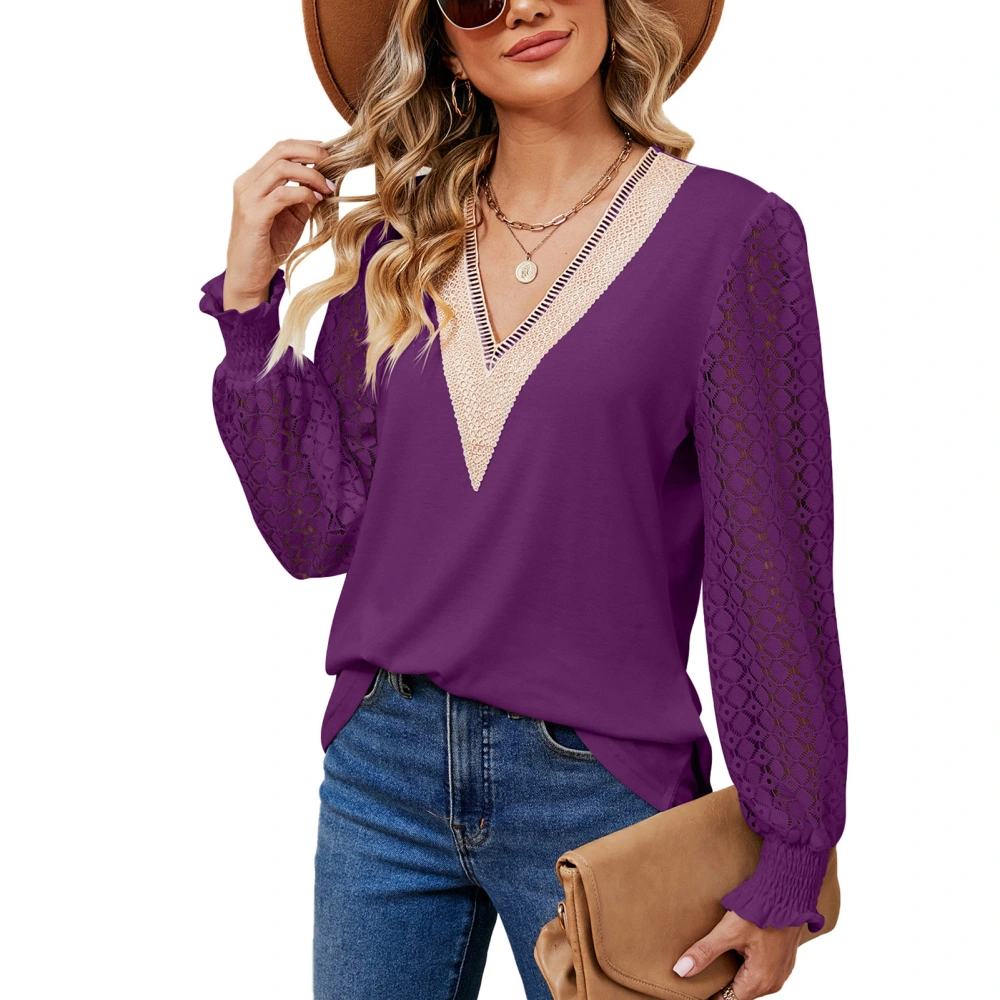 V Neck Lace Stitching Blouse Shirred Long Sleeve Loose Blouse Casual Base Shirt for Women Purple XXL